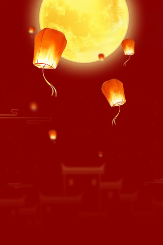 红色中国风孔明灯圆月元宵节海报背景